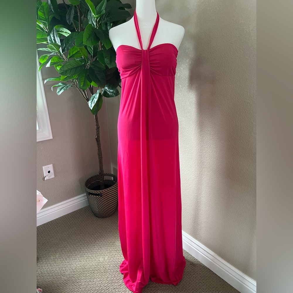 MT Collection M hot pink halter tie maxi dress